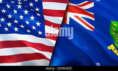 Flaggen der USA und der Britischen Jungferninseln. 3D-Design mit wehenden Fahnen. USA Britische Jungferninseln Flagge, Bild, Tapete. USA vs Britische Jungferninseln Bild, Stockfoto
