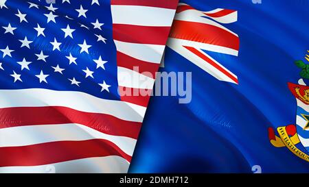 Flaggen der USA und der Cayman Islands. 3D-Design mit wehenden Fahnen. USA Cayman Islands Flagge, Bild, Tapete. USA vs Cayman Islands Bild, 3D-Rendering. USA Cayman Stockfoto