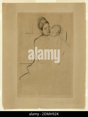 Gardner (Cassatt) Held by His Mother, Mary Cassatt, American, 1844 - 1926, Drypoint in schwarzer Tinte auf cremefarbenem Papier, Frau sitzt frontal, hält Baby in den Armen und schaut in sein Gesicht. Köpfe nur fertig., USA, ca. 1889, Abbildungen, Druck Stockfoto