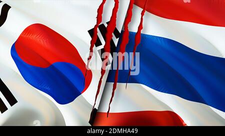 Südkorea und Thailand Flaggen mit Narbenkonzept. Winkende Flagge, 3D-Rendering. Südkorea und Thailand Konfliktkonzept. Beziehungen zwischen Südkorea und Thailand Stockfoto