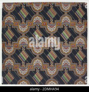 Kashmir Design, Holzschnitt auf Papier, Allover-Design von Bändern aus Halbkreisen und Quadraten mit blauen, roten, weißen und gelben Blumenmustern gefüllt. Gestaffelte Rhomboiden mit Streifen auf schwarzem Grund mit diagonalen Streifen., Frankreich, ca. 1875, Textildesigns, Print Stockfoto