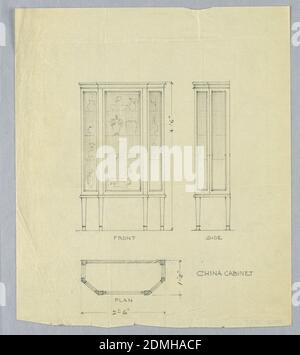 Design für China Kabinett in drei Ansichten, A. N. Davenport Co., Graphit auf dünnem cremefarbenem Papier, Höhe oben links, Seitenansicht oben rechts, Plan quer über die Blattunterseite; hohes rechteckiges Gehäuse mit dreiteiliger Glasfront, angehoben auf 4 leicht verjüngenden Beinen. Seitenansicht zeigt rechteckiges, schmales Profil mit geformter friesähnlicher Oberseite. Plan zeigt längliche Silhouette des Schrankes mit abgewinkelten Vorderecken., 1900–05, Möbel, Zeichnung Stockfoto