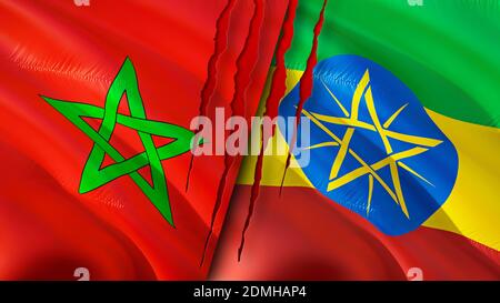 Marokko und Äthiopien Flaggen mit Narbenkonzept. Winkende Flagge, 3D-Rendering. Marokko und Äthiopien Konfliktkonzept. Marokko Äthiopien Beziehungen Konzept. fla Stockfoto