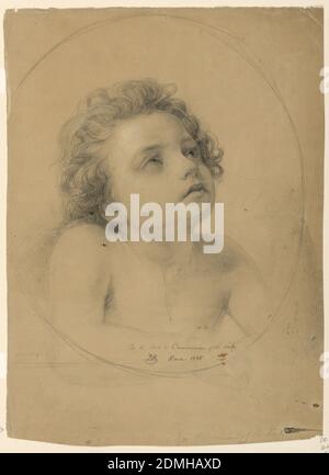 Study of Child for 'Comunion of the Sick', Daniel Huntington, American, 1816–1906, Graphit, weiße Kreide auf cremefarbenem Gewebe-Papier, in einem skizzierten ovalen Rahmen, eine Büste eines Kindes, das nach rechts aufschaut. Arme erstrecken sich außerhalb des Ovals., Rom, Italien, 1845, Figuren, Zeichnung Stockfoto