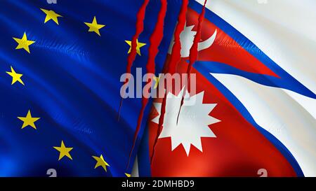 Flaggen der Europäischen Union und Nepals mit Narbenkonzept. Winkende Flagge, 3D-Rendering. Konfliktkonzept der Europäischen Union und Nepals. Beziehungen zwischen der Europäischen Union und Nepal Stockfoto