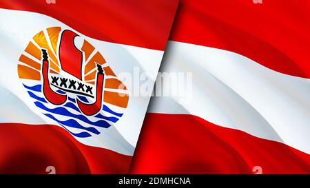 Flagge von Französisch-Polynesien und Österreich. 3D-Design mit wehenden Fahnen. Französisch-Polynesien Österreich Flagge, Bild, Tapete. Französisch-Polynesien vs Österreich Bild, 3D ren Stockfoto
