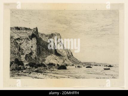 Plage des Vaches Noires, Villers, Maxime Lalanne, französisch, 1827 - 1886, Radierung auf weißem Maulbeerpapier, Strandszene mit Felsen, hohe Klippen links; Figuren in mittlerer und weiter Entfernung. Beschriftet, unten links: 'M. Lalanne'; unten rechts: 'Plage des vaches noires á Villers.', Frankreich, ca. 1870, Drucken Stockfoto