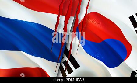 Thailand und Südkorea Flaggen mit Narbenkonzept. Winkende Flagge, 3D-Rendering. Thailand und Südkorea Konfliktkonzept. Beziehungen zwischen Thailand und Südkorea Stockfoto