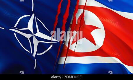 NATO und Nordkorea Flaggen mit Narbenkonzept. Winkende Flagge, 3D-Rendering. Nordkorea und NATO-Konfliktkonzept. NATO Nordkorea Beziehungen Konzept. fla Stockfoto