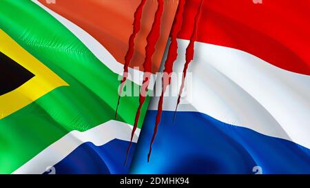 Südafrika und Niederlande Flaggen mit Narbenkonzept. Winkende Flagge, 3D-Rendering. Südafrika und Niederlande Konfliktkonzept. Südafrika Niederlande Stockfoto