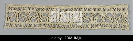 Border, Medium: Leinen Technik: Gitter aus zurückgezogenen Element Arbeit mit Nadelspitze, Reticella Stil, ein breiter und zwei schmale Ränder in geometrischen Formen., Frankreich, 16. Jahrhundert, Spitze, Grenze Stockfoto