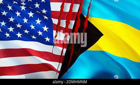 USA und Bahamas Flaggen mit Narbenkonzept. Winkende Flagge, 3D-Rendering. USA und Bahamas Konfliktkonzept. USA Bahamas Beziehungen Konzept. Flagge der USA und Ba Stockfoto