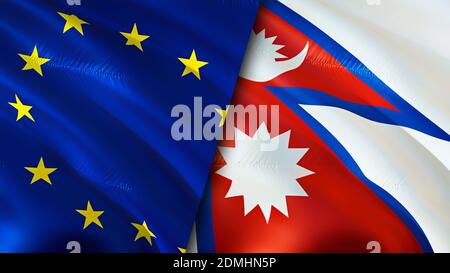 Flaggen der Europäischen Union und Nepals. 3D-Design mit wehenden Fahnen. Europäische Union Nepal Flagge, Bild, Tapete. Bild der Europäischen Union im Vergleich zu Nepal, 3D-Rendering. Euro Stockfoto