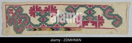 Sampler, Medium: Seide auf Leinen Technik: Gestickt auf Leinwandbindung, Sampler zeigt eine geometrische Blumenrebe in roter und grüner Seide auf Leinen, mit einem partiellen Rand aus mehrfarbigem Chevron., Spanien, 18. Jahrhundert, Stickereien & Nähte, Sampler Stockfoto