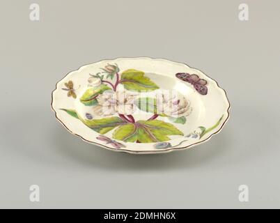 Hans Sloane' Plate, Chelsea Porzellan Manufaktur, englisch, gegründet ca. 1743/45, Georg Dionysius Ehret, deutsch, 1708 - 1770, Weichporzellan, Glaskeramik, TELLER mit gewelltem, braunem Rand, bemalt mit einem großen Spray der Blätter, Blüten und Knospen eines Hibiskus (Ketmia syrorum), mit einer Samenschale und verschiedenen Insekten., England, 1753–1756, Keramik, Dekorative Kunst, Teller, Teller, Teller Stockfoto