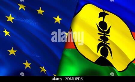 Flaggen der Europäischen Union und Neukaledonien. 3D-Design mit wehenden Fahnen. Europäische Union Neukaledonien Flagge, Bild, Tapete. Europäische Union gegen Neukaledonien Stockfoto