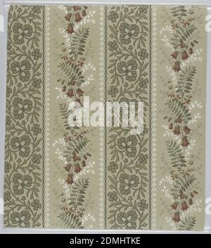 Sidewall, Machine-printed paper, Aesthetic pattern with two columns of motifs alternately repeated; one with stylized three-petaled flower on vine glide-reflected vertically; black-and-white stylized border reminiscent of lace; second motif is of naturalistic bellflowers on leafy stalk also glide-reflected vertically; block shading; apart from dark red flowers and white detailing, color scheme is of muted greens, green ground., USA, ca. 1880, Wallcoverings, Sidewall Stock Photo