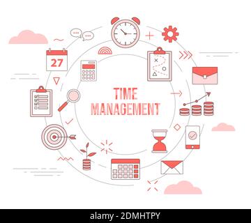 Zeitmanagement Konzept Uhr Kalender Smartphone Plan Sandglas Wachstum Investition mit Icon Set Template Banner mit moderner oranger Farbe Stil und c Stockfoto