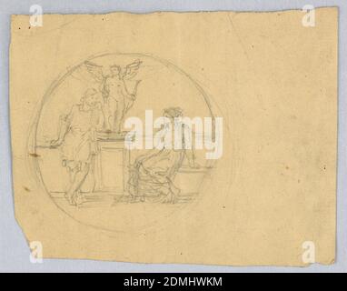 Skizze für eine runde Tafel oder ein rundes Fenster, Francis Augustus Lathrop, amerikanisch, 1849 - 1909, Graphit auf Papier, zwei klassische Figuren, mit rechts sitzender weiblicher Figur und links stehender männlicher Figur. Mitte, eine Statue von Merkur auf einem Sockel. Verso: Zwei durchgestrichene Grenzen, in Feder und schwarzer Tinte, Buntstift und Graphit., USA, ca. 1895, Figuren, Zeichnung Stockfoto
