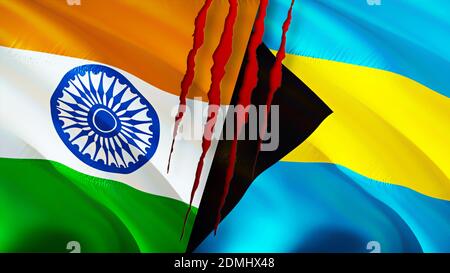 Indien und Bahamas Flaggen mit Narbenkonzept. Winkende Flagge, 3D-Rendering. Indien und Bahamas Konfliktkonzept. Indien Bahamas Beziehungen Konzept. Flagge von Indi Stockfoto