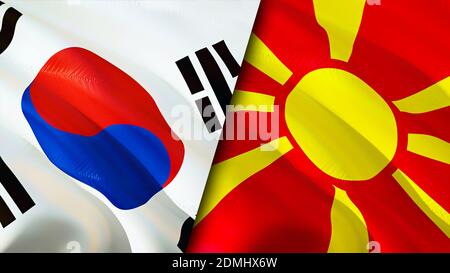 Südkoreas und Nordmakedoniens Flaggen. 3D-Design mit wehenden Fahnen. Südkorea Nordmakedonien Flagge, Bild, Tapete. Südkorea vs. Nordmakedonien ima Stockfoto