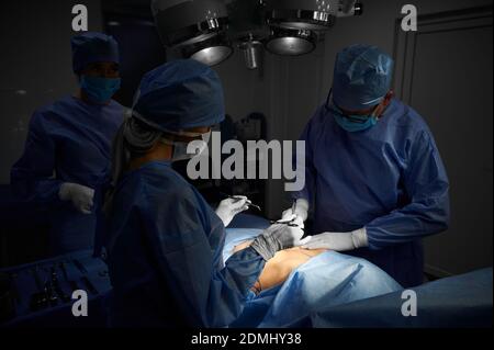 Medizinisches Team in chirurgischen Uniformen tun ästhetische plastische Chirurgie im Operationssaal mit schwachem Licht. Chirurg und Assistenten tragen medizinische Gesichtsmasken, sterile Handschuhe und medizinische Kappen. Stockfoto