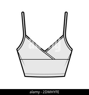 Crop Camisole surplice tank cotton-jersey top technical fashion illustration with empire seam, thin adjustable straps, slim fit. Flat outwear template front, grey color. Women men CAD mockup Stock Vector