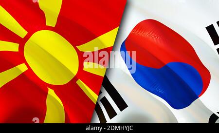 Nordmakedonien und Südkorea Flaggen. 3D-Design mit wehenden Fahnen. Nordmakedonien Südkorea Flagge, Bild, Tapete. Nordmakedonien gegen Südkorea ima Stockfoto