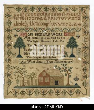 Sampler, Medium: Leinen, Seidentechnik: Stickerei, Stickerei Sampler mit Rand von stilisierten Bäumen; Alphabet in Großbuchstaben und kleinen Buchstaben an der Oberseite; eine Kabine und Bäume an der Unterseite; und Vers., England, 1817, Stickereien & Stitching, Sampler Stockfoto