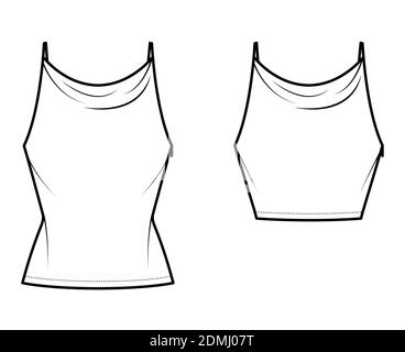 Set von Tanks High Cowl Camisoles technische Mode Illustration mit Empire-Naht, dünne verstellbare Träger, Crop oder Tunika Länge, Slim Fit. Flattop Schablone vorne. Frauen Männer Unisex CAD mockup Stock Vektor