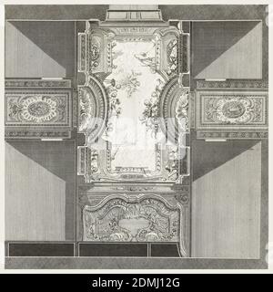 Projet du Plafond d'une Maison seise rue de Rochouard (Entwurf für die Decke des Hauses Francois Petit), Platte 95, in oeuvres de Juste-Aurèle Meissonnier (Werke von Juste-Aurèle Meissonnier), Juste-Aurèle Meissonnier, Französisch, B. Italien, 1695–1750, Gabriel Huquier, französisch, 1695–1772, Gabriel Huquier, französisch, 1695–1772, Gravieren auf gedeckten Papier, Trompe-l'oeil-Effekt, Blick auf den Himmel durch Öffnung, die von Putti umgeben ist, einem Maler mit Leinwand und Staffelei; Putti halten astronomische Zeichnungen und verwenden astronomische Instrumente; In der Mitte, im Himmel, eine bekrönte und gekrönte Figur., Paris, Frankreich, 1748 Stockfoto