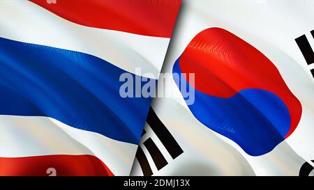 Thailand und Südkorea Flaggen. 3D-Design mit wehenden Fahnen. Thailand Südkorea Flagge, Bild, Tapete. Thailand vs Südkorea Bild, 3D-Rendering. Thailändisch Stockfoto