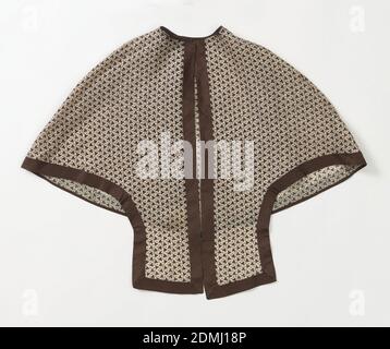 Capelet, Medium: Cotton Technik: Bedruckt mit gravierter Walze auf Leinwandbindung, Frauenkapelette mit Schmuckkragen und quadratischen Tabs vorne. Weiße Baumwolle mit kleinformatigem Rundum-Muster aus Kreisen und dreilappigen Formen in braun; mit dunkelbrauner Bindung an allen Kanten., Mitte 19. Jahrhundert, Kostüm & Accessoires, Kapelette Stockfoto