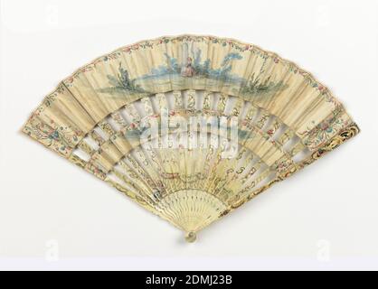 Pleated cabriolet fan, Parchment and paper leaf, painted with gouache; pierced, painted and gilded ivory sticks, Pleated cabriolet fan with painted parchment upper and lowers leaves. The obverse shows naval scenes with floral borders.The reverse leaf is painted paper showing a woman in a pastoral landscape, with a rustic house and fence on the lower leaf. The sticks are carved and pierced openwork (à jour) with Chinoiserie figures, painted and gilded. Paste jewel set in both ends of the rivet., France, 1760–80, costume & accessories, Pleated cabriolet fan Stock Photo