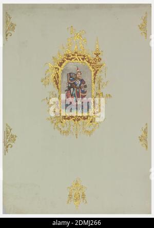 Seitenwand, Blockdruck, gestempelte Folie, aufgebrachte Chromolithographie, in der Mitte, großer Rahmen in lachsrosa und grün überstempelt in Gold, im rustikalen Chinoiserie-Design; auf Feld wiederholend, kleine Blattmotive in grün bedruckt und in Gold gestempelt. Umschlossen in Rahmen, Darstellung eines sitzenden Mannes in bunt gefärbtem chinesischen Kostüm, vor einem jetzt getrübten silbernen Hintergrund. Asymmetrisches Medaillon-Motiv im Rokoko-Stil. Vertikales Rechteck., Frankreich, ca. 1860, Architektur, Innenräume, Wandverkleidungen, Sidewall Stockfoto