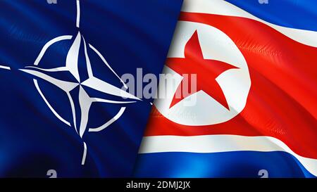 NATO und Nordkorea Flaggen. 3D-Design mit wehenden Fahnen. Nordkorea NATO Flagge, Bild, Tapete. NATO vs Nordkorea Bild, 3D Rendering. NATO Nordkorea Stockfoto