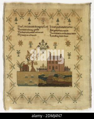 Sampler, Medium: Seidenstickerei auf Wolle Technik: Stickerei auf Leinwandbindung, Strophe, Landschaft mit zwei Häusern, Bäume mit Vögeln, Schafe auf Rasen und verstreute Blumen- und Baummotive umgeben von einem kantigen Rand., England, ca. 1820, Sticken & Nähen, Sampler Stockfoto