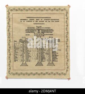 Sampler, Medium: Seidenstickerei auf Leinen Technik: Kreuzstich auf Leinwandbindung, religiöse Verse als Akroststoff angeordnet., England, Anfang des 19. Jahrhunderts, Stickerei & Stitching, Sampler Stockfoto