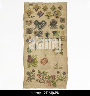 Sampler, Medium: Seide, Leinen und metallumwickelte Seidenstickerei, Leinenfundament Technik: Zelt, Rücken, Rokoko, rumänisch, Halbkreuz, langarmiges Kreuz, Öse, Satin, Stiel, Kette, laufend, geflochtene Zöpfe und Loopingnähte auf Leinwandbindung, 'Random Spot' Sampler von geometrischen Figuren und isolierten Blumenformen., Selvage oben und unten., Die unvollendeten floralen Motive am unteren Rand zeigen den auf den Grundstoff gezeichneten Umriss., England, 1601–50, Stickereien & Nähte, Sampler Stockfoto