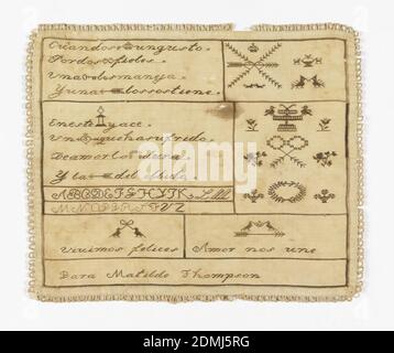 Sampler, Medium: Leinen- und Seidenstickerei, Leinenstick Technik: Gestickt auf Leinwandbindung Label: Leinen gestickt in Leinen und Seide, Sampler ist in Fächer mit Vasen, Vögeln und Blumen unterteilt. Die Textfächer sind in Form eines Rebus oder Piktogramms zusammengesetzt. Der Probennehmer ist mit einer Zahnung umrandet. Enthält den folgenden Text auf Spanisch:, Cuando se (corona) un gusto, Por dos (corazónes) fieles, Una (llave) los maneja, Y una (flecha) los sostiene, en este (urna) yace, UN (corazón) que ha sufrido, De amor lo (cadena) dura, Y la (flecha) del olbido, nos Vivimos felices, Amor Stockfoto