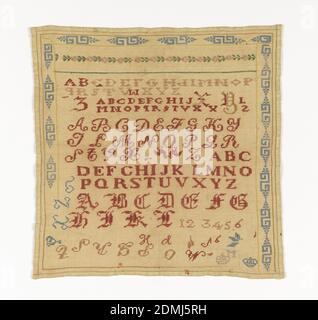 Sampler, Medium: Seidenstickerei auf Leinenfundament Technik: Gestickt, Alphabete und Ziffern mit einem Querrand in Rosenmuster und einem weiteren unvollständigen Rand in einem ornamentalen Bund., Italien, Anfang des 19. Jahrhunderts, Stickereien & Stitching, Sampler Stockfoto