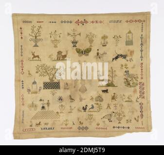 Sampler, Medium: Seidenstickerei auf Baumwollfundament Technik: Kreuzstich auf Leinwandbindung, Doppelköpfiger Adler, umgeben von Vasen, Körben, Blumen, Insekten und Tieren; Bäume und Menschen sind von einer Grenze umgeben, die aus 27 verschiedenen Motiven besteht., Italien, Anfang des 19. Jahrhunderts, Stickereien & Stitching, Sampler Stockfoto