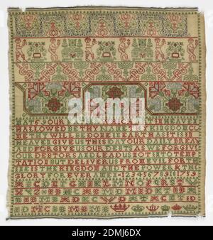 Sampler, Medium: Seidenstickerei, Wollgrundierung Technik: Kreuz, langarmiges Kreuz, zweifach laufend, Rokoko und Luftmaschen auf Leinwandbindung, vier Querränder mit floralem Ornament und "Boxern"; das Vaterunser; Alphabete, Ziffern und Datum., England, 1759, Stickereien & Nähte, Sampler Stockfoto