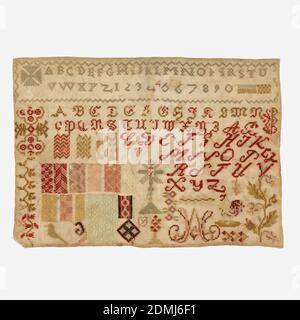 Sampler, Medium: wool embroidery on linen foundation Technique: embroidered in cross and darning stitches on plain weave foundation, Alphabets, numerals, and a number of designs for darning and floral patterns worked in colored wools on brown canvas., USA, 1840, embroidery & stitching, Sampler Stock Photo