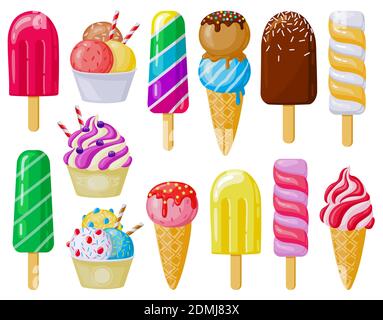 Cartoon-Eis. Köstliche Eiszapfen, Lutscheis, Fruchteis und Gelato, Eisbecher leckeres Sommerdessert. Eiscreme Vektorgrafik Set Stock Vektor