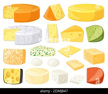 Cartoon-Käse. Milchprodukte Arten, Cheddar, Parmesan, Brie, Camembert, Mozzarella und maasdam Scheiben. Vektorgrafik Frischkäse Stock Vektor