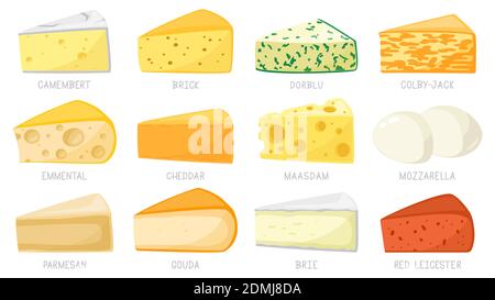 Cartoon Käsesorten. Käse Dreiecke, Cheddar, Brie, Mozzarella, Parmesan, Camembert und Ziegel. Tasty Cheese Vektor Illustration Set Stock Vektor