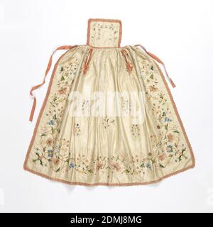 Apron, Medium: silk Technique: embroidered in satin stitch on plain weave, White silk taffeta apron with a small bib and full gathered skirt, embroidered with a deep border and small sprays in field of vines, flowers and grape clusters in many colors. Trimmed with a pink silk galloon; belt and ties of pink silk ribbon., France, 18th century, costume & accessories, Apron Stock Photo