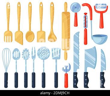 Küchenutensilien. Küchengeräte Besteck Werkzeuge, Messer, Gabeln, Spachtel und Löffel. Kochen Geschirr Ausrüstung Vektor Illustration Set Stock Vektor