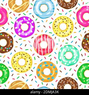 Cartoon Donuts Muster. Nahtlos verglaste und bestreute Donuts Hintergrund, rosa, gelb glasierte Schokolade Donut. Zucker Vereisung Donuts Vektor Hintergrund Stock Vektor